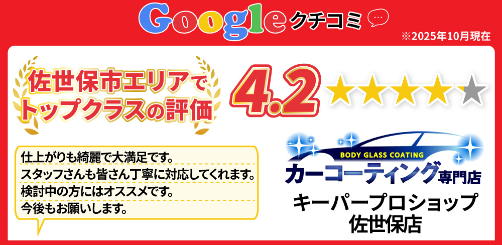 Googleクチコミ/佐世保市エリアでトップクラスの評価/星4.2/キーパープロショップ 佐世保店